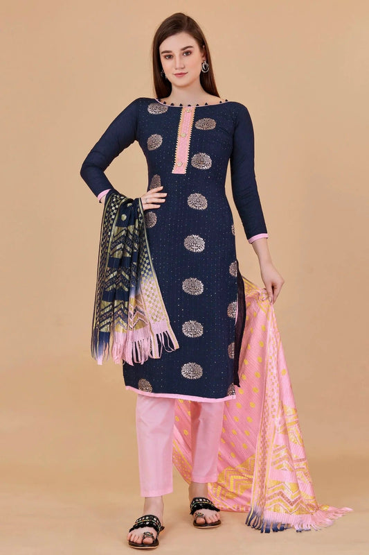 Blue Unstitched Cotton Jacquard Straight Suit NCUS11610384