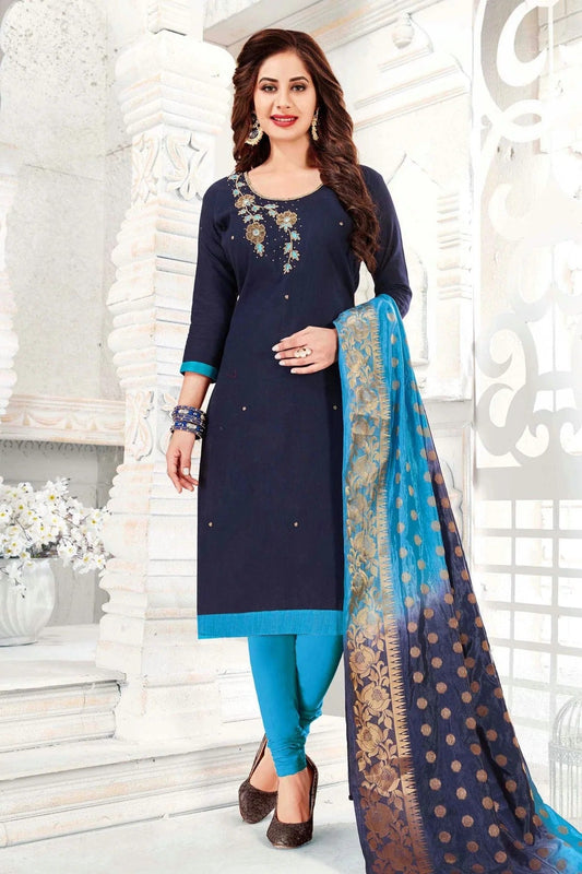 Blue Unstitched Cotton South Slub Churidar Suit NCUS11610267