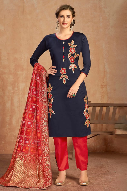 Blue Unstitched Glaze Cotton Pant Style Suit NCUS11610182
