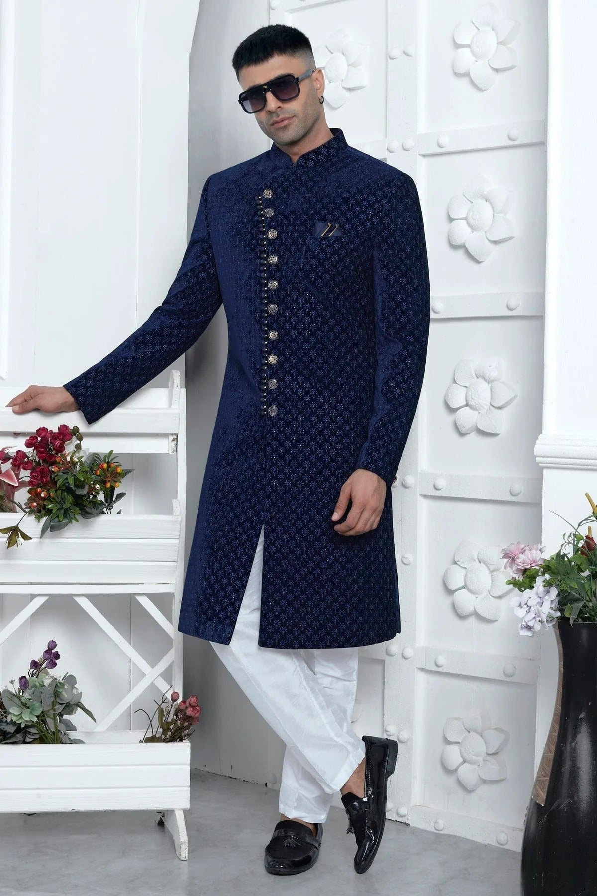 Blue Velvet Silk Indowestern Sherwan With Aligadhi Pant  NCSH12310347