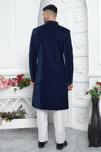 Blue Velvet Silk Indowestern Sherwan With Aligadhi Pant  NCSH12310347