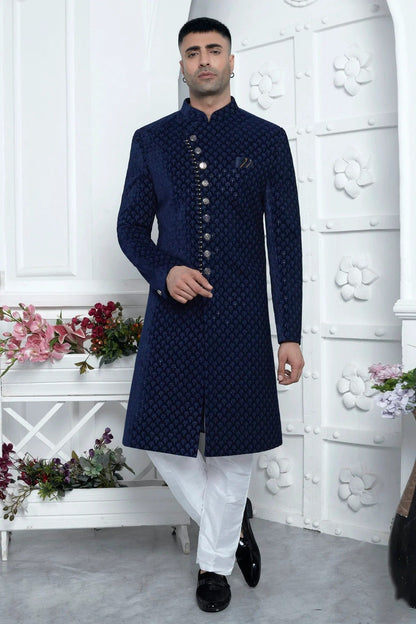 Blue Velvet Silk Indowestern Sherwan With Aligadhi Pant NCSH12310347