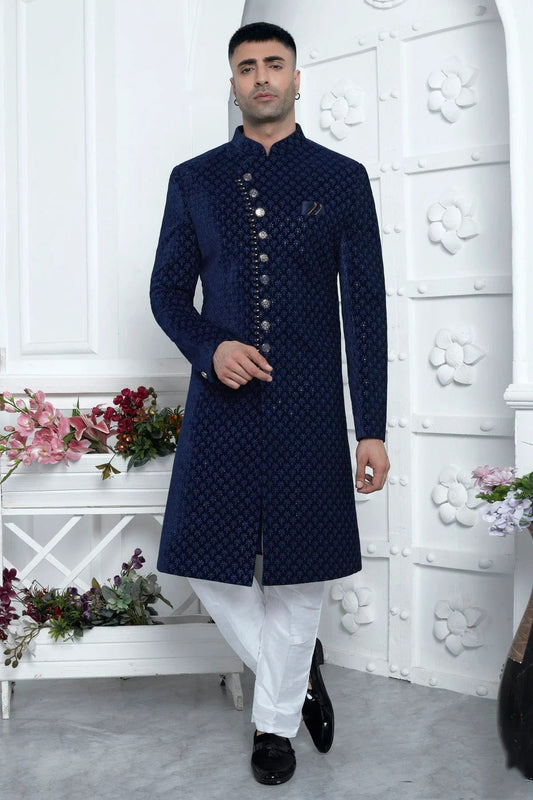 Blue Velvet Silk Indowestern Sherwan With Aligadhi Pant NCSH12310347