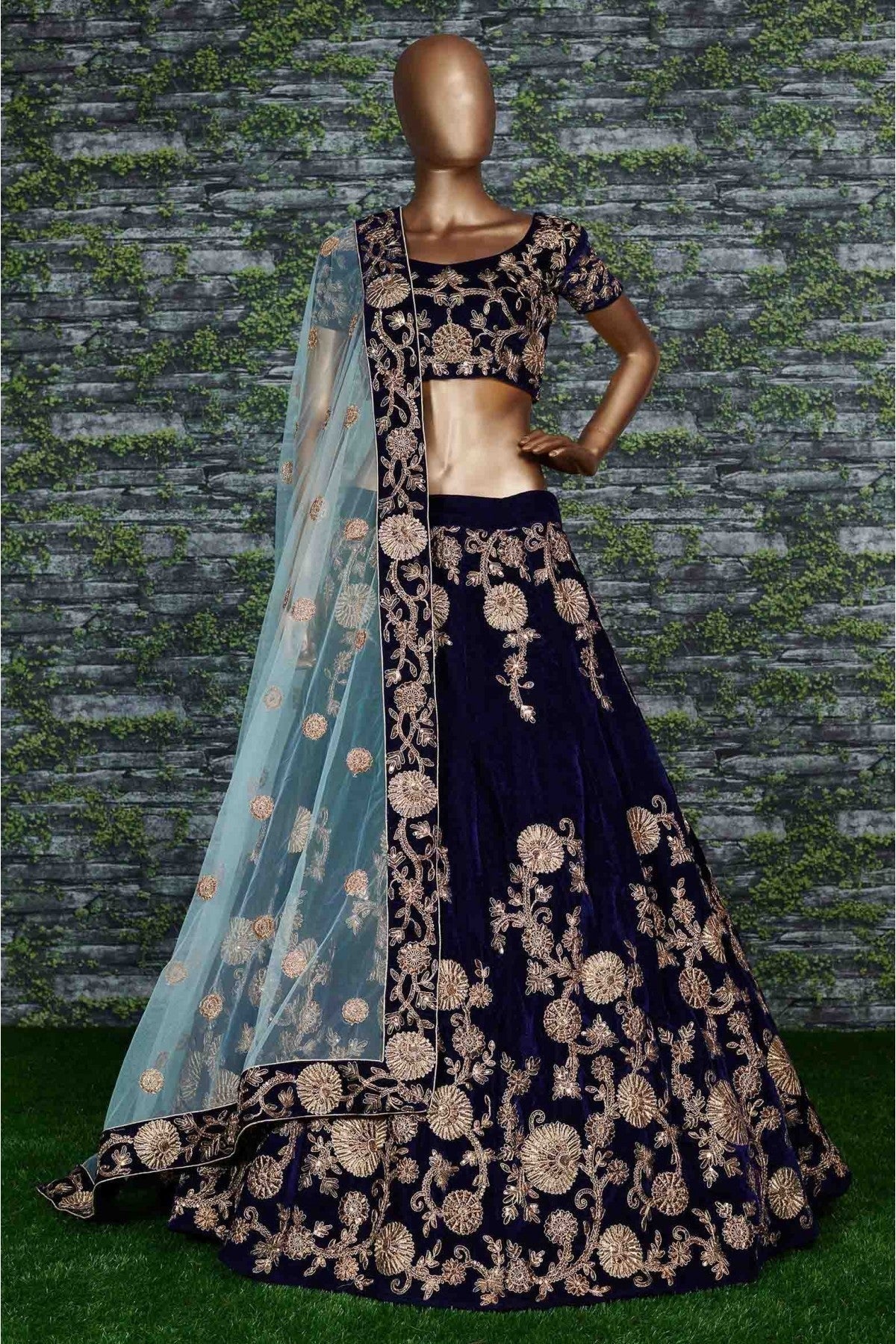 Blue Velvet and Silk Lehenga Choli NCLC10110276