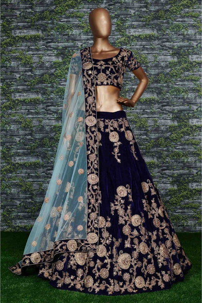 Blue Velvet and Silk Lehenga Choli NCLC10110276