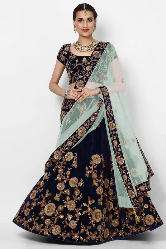 Blue Velvet and Silk Lehenga Choli NCLC10110276