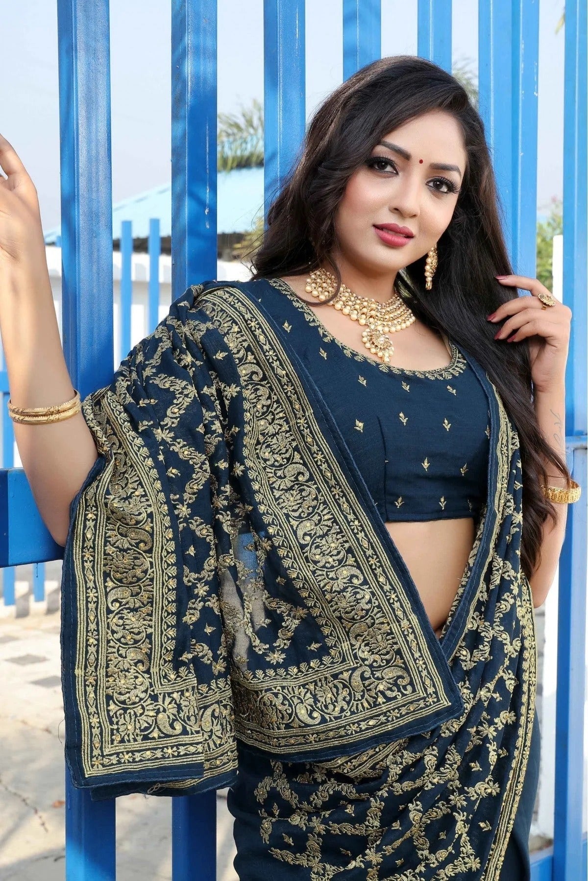 Blue Vichitra Silk Embroidery Saree NCSD11210845
