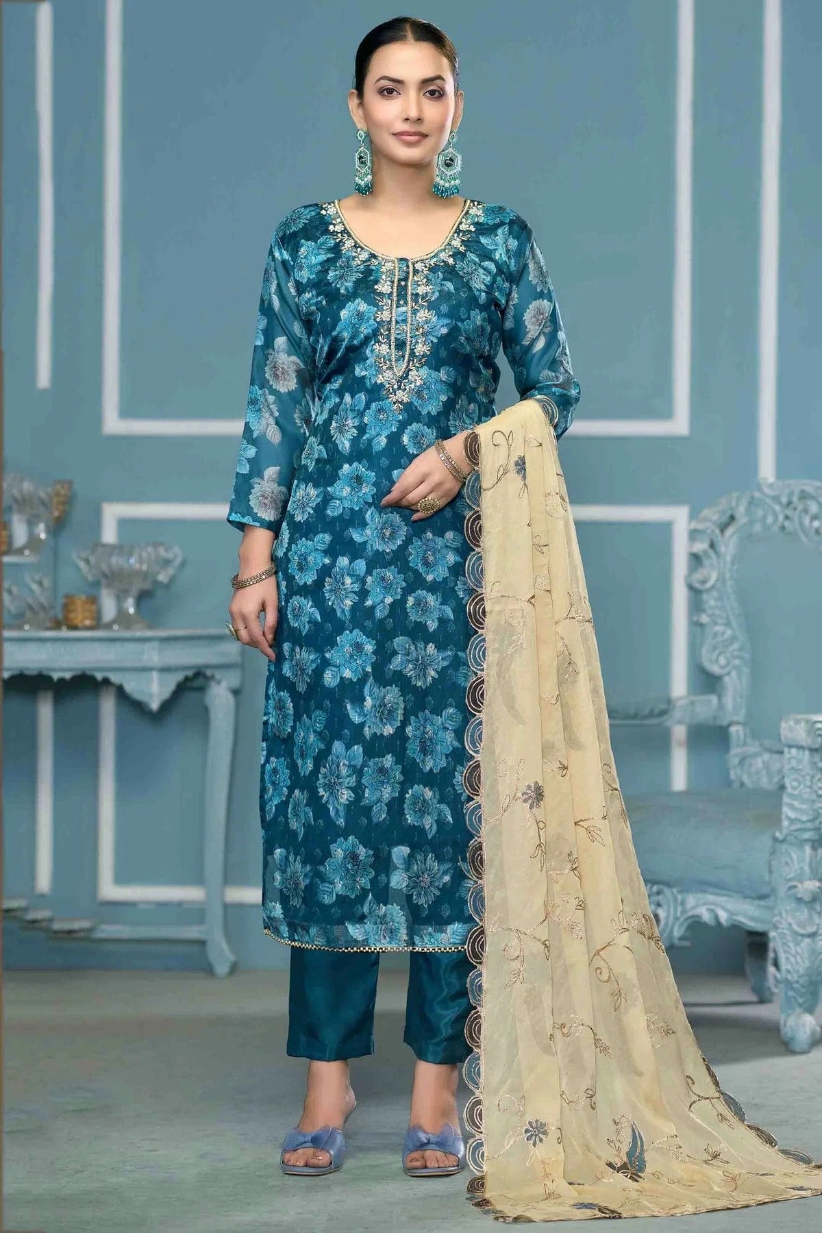 Blue Viscose Banarasi Pant Style Suit NCSM11110719
