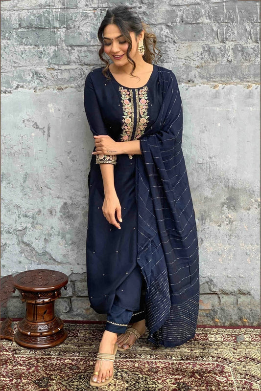 Blue Viscose Chanderi Embroidery Pant Style Suit NCSS11110319