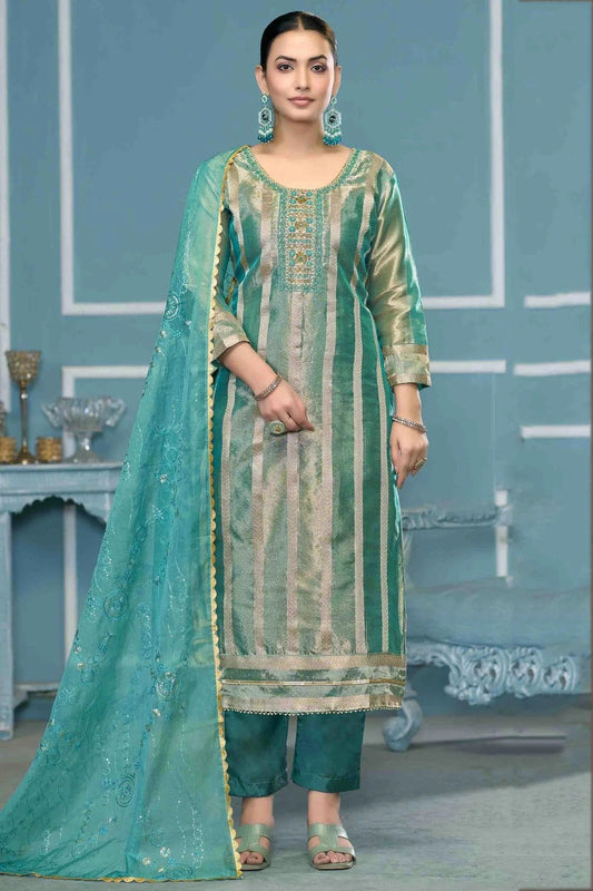 Blue Viscose Organza Pant Style Suit NCSM11110762