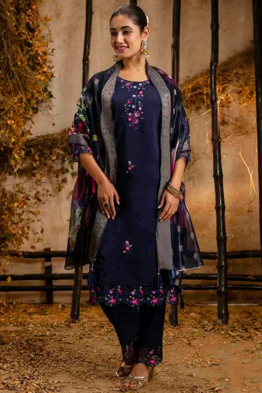 Blue Viscose Roman Silk Embroidery Pant Style Suit NCSS11110355