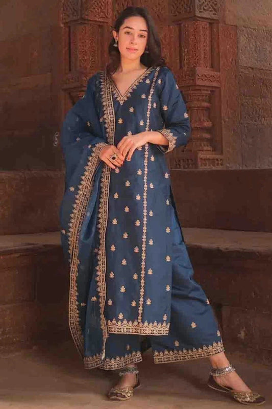 Blue Viscose Silk Embroidery Pant Style Suit NCSS11110341