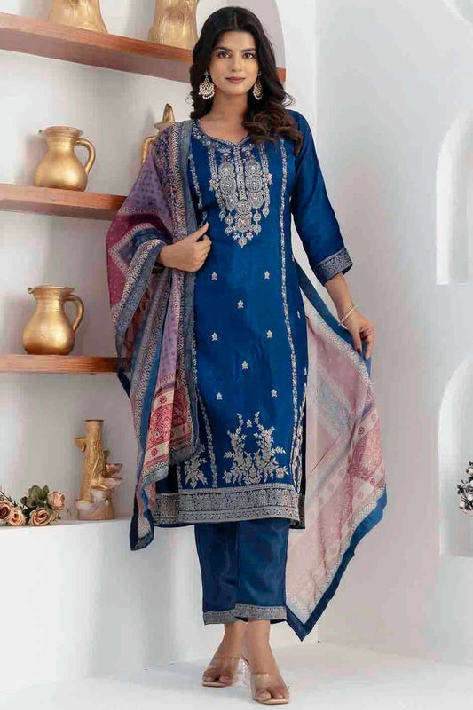 Blue Viscose Silk Woven Pant Style Suit NCSS11110349