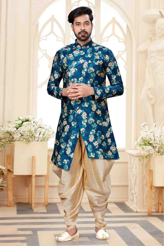 Blue and Cream Jacquard Dhoti Sherwani NCSH10410349
