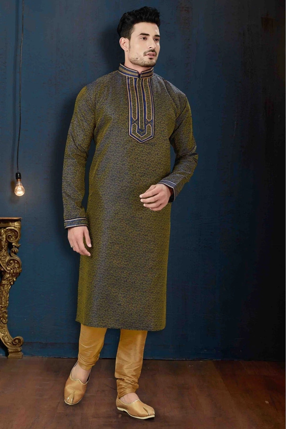 Blue and Gold Kurta Pajama In Jacquard NCKP10410628