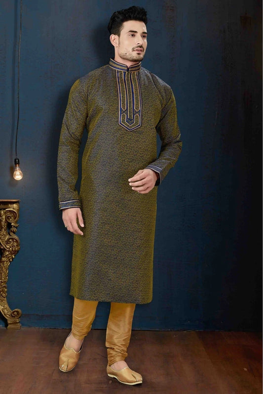 Blue and Gold Kurta Pajama In Jacquard NCKP10410628