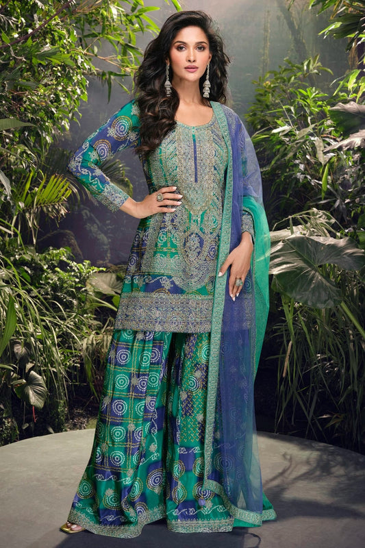 Blue and Green Chinon Silk Palazzo Pant Suit NCSM11410361