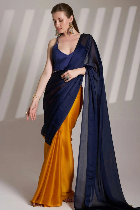 Blue and Mustard Satin Rangoli Saree NCSD11111050