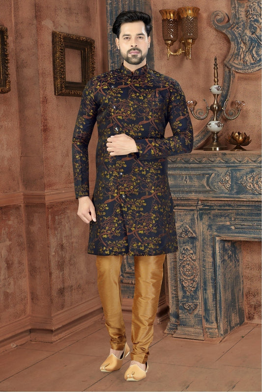 Blue and Yellow Jacquard Party Wear Sherwani NCSH10410344