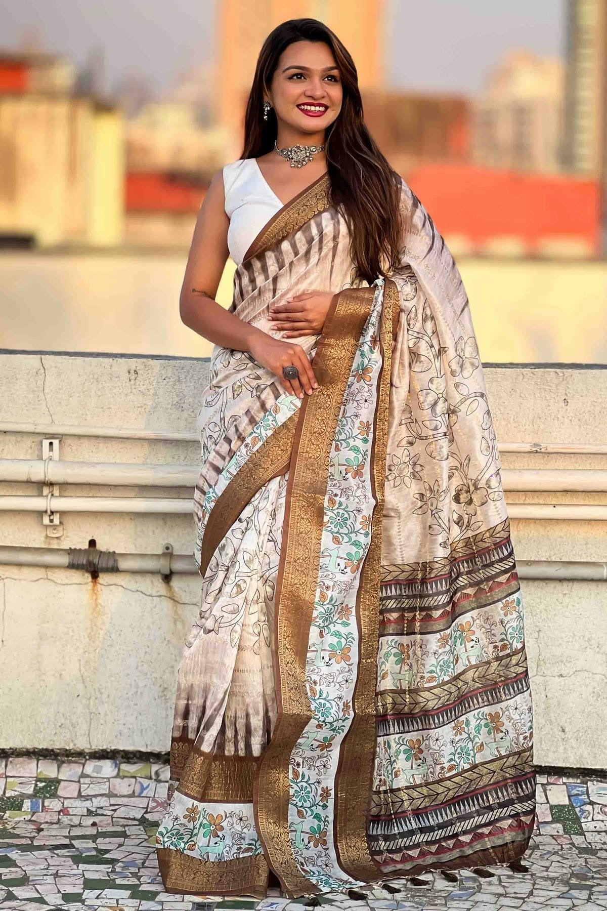 Brown Chanderi Crush Printed Saree NCSD11110993