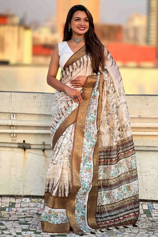 Brown Chanderi Crush Printed Saree NCSD11110993