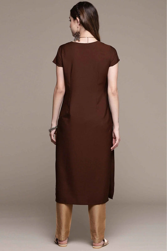 Brown Crepe Foil Print Kurti NCKR10610194