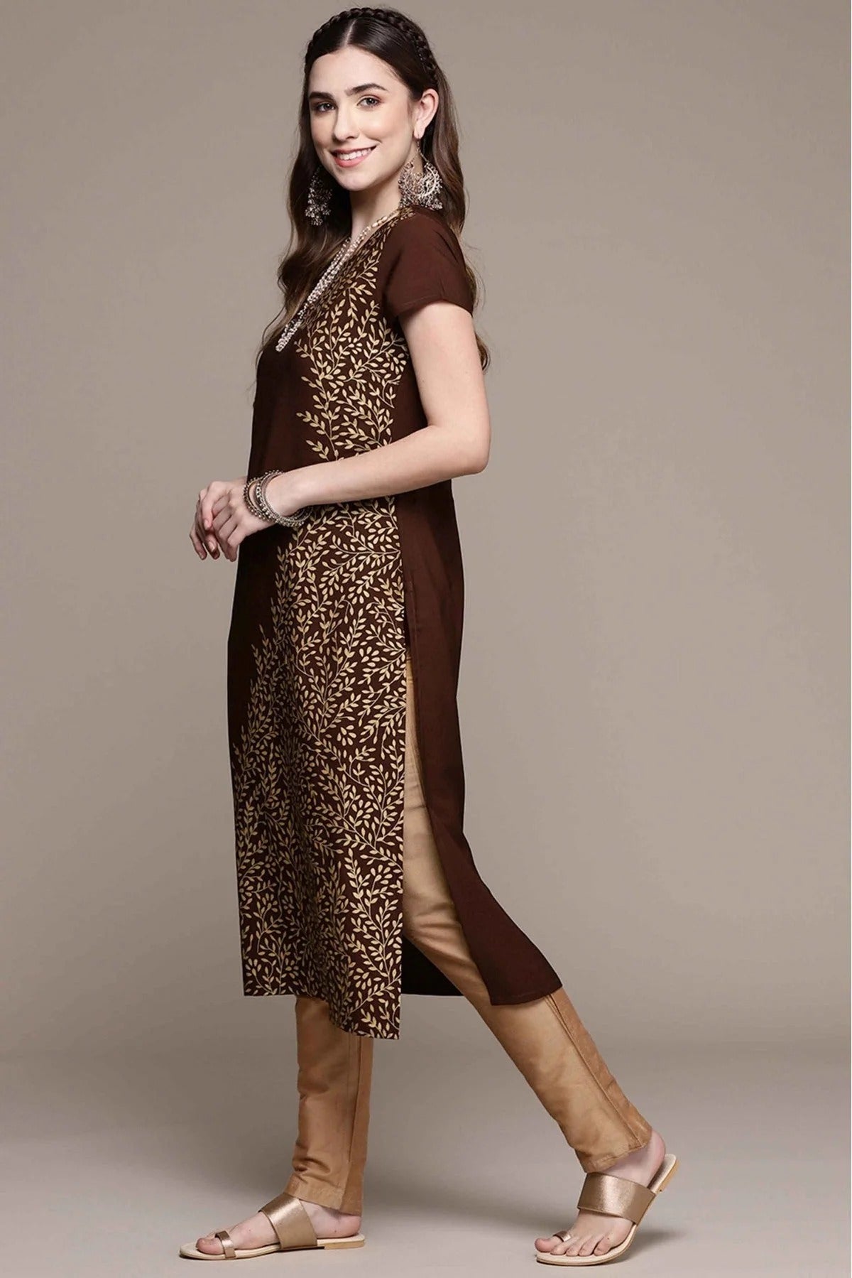 Brown Crepe Foil Print Kurti NCKR10610194