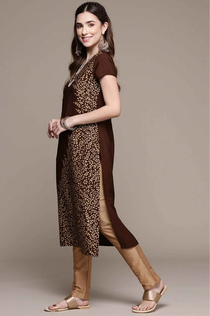 Brown Crepe Foil Print Kurti NCKR10610194
