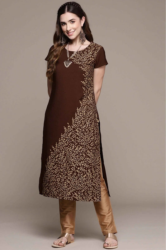 Brown Crepe Foil Print Kurti NCKR10610194