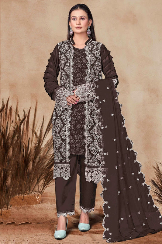 Brown Georgette Pant Style Suit NCSM11410162