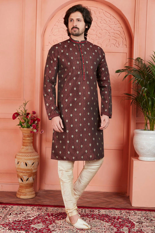 Brown Jacquard Silk Brocade Kurta Pajama NCKP12310138