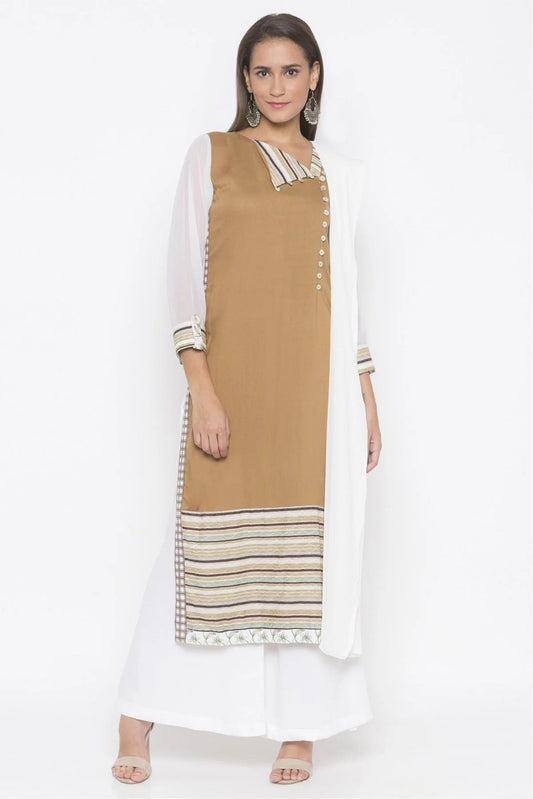 Brown Plus Size Stitched Cotton Embroidery Palazzo Pant Suit NCSS10710583
