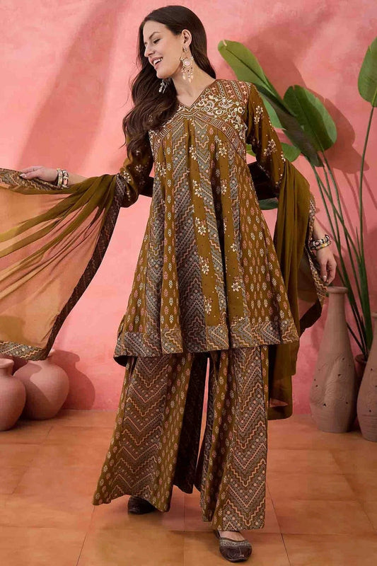Brown Roman Silk Stitched Palazzo Pant Suit NCSS11110158