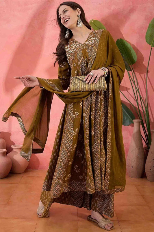 Brown Roman Silk Stitched Palazzo Pant Suit NCSS11110160
