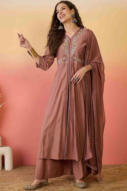 Brown Roman Silk Stitched Palazzo Pant Suit NCSS11110172