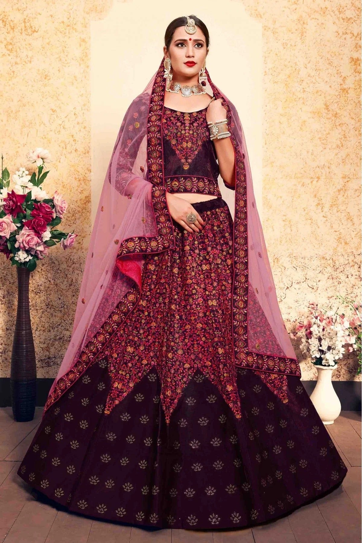 Brown Satin Embroidery Lehenga Choli NCLC10810449