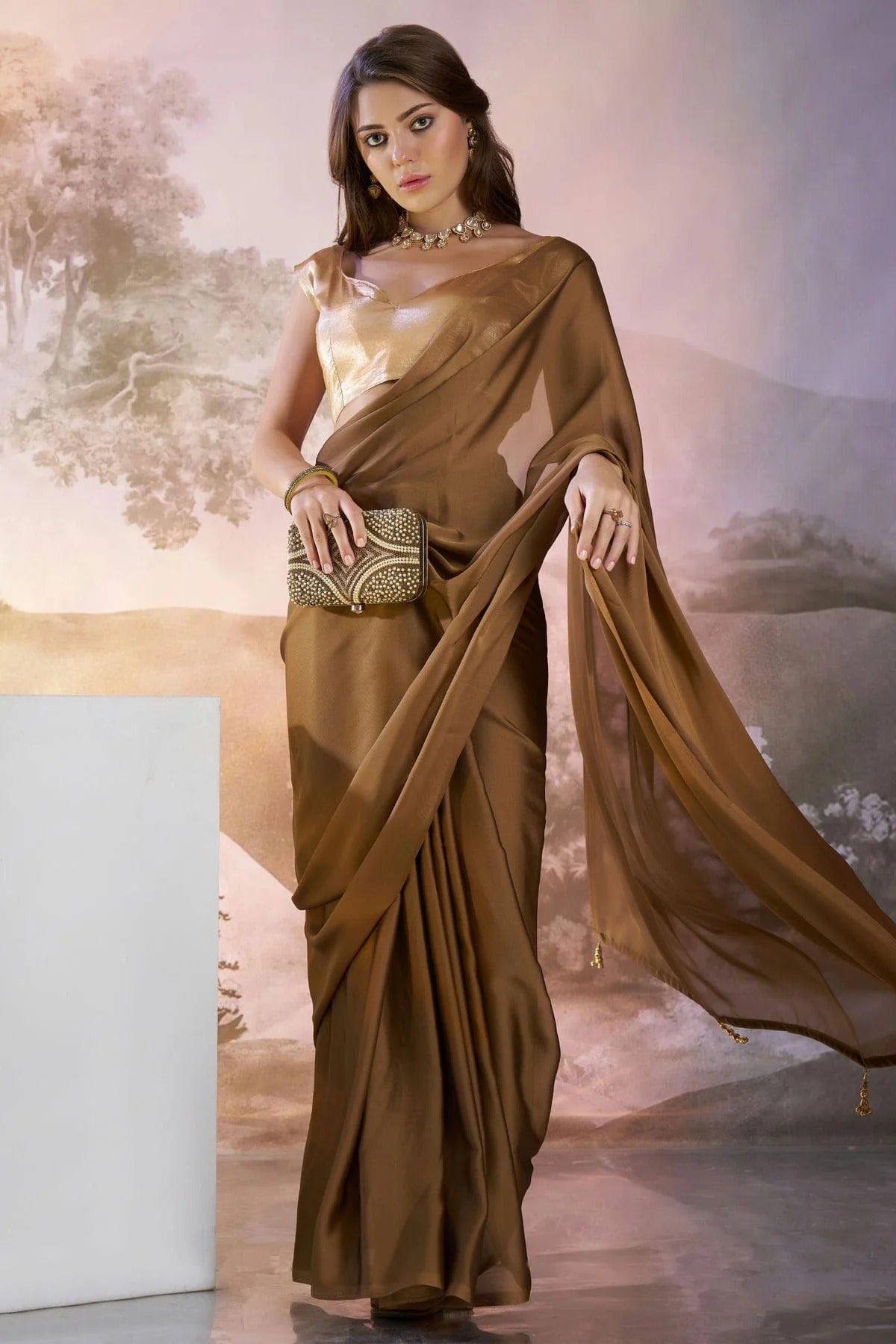 Brown Satin Rangoli Saree NCSD11111075