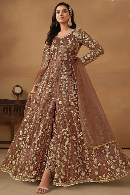 Brown Semi Stitched Net Pant Style Suit NCSM10510270