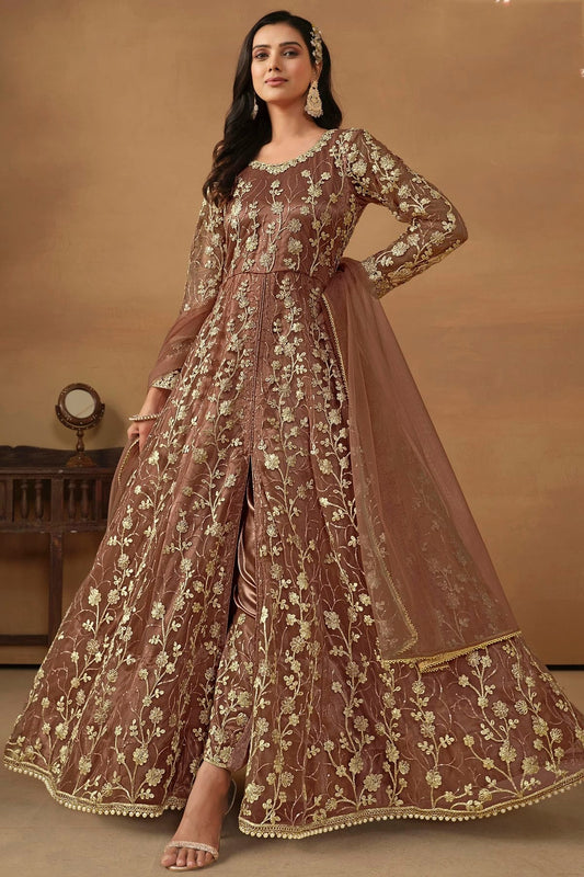 Brown Semi Stitched Net Pant Style Suit NCSM10510270