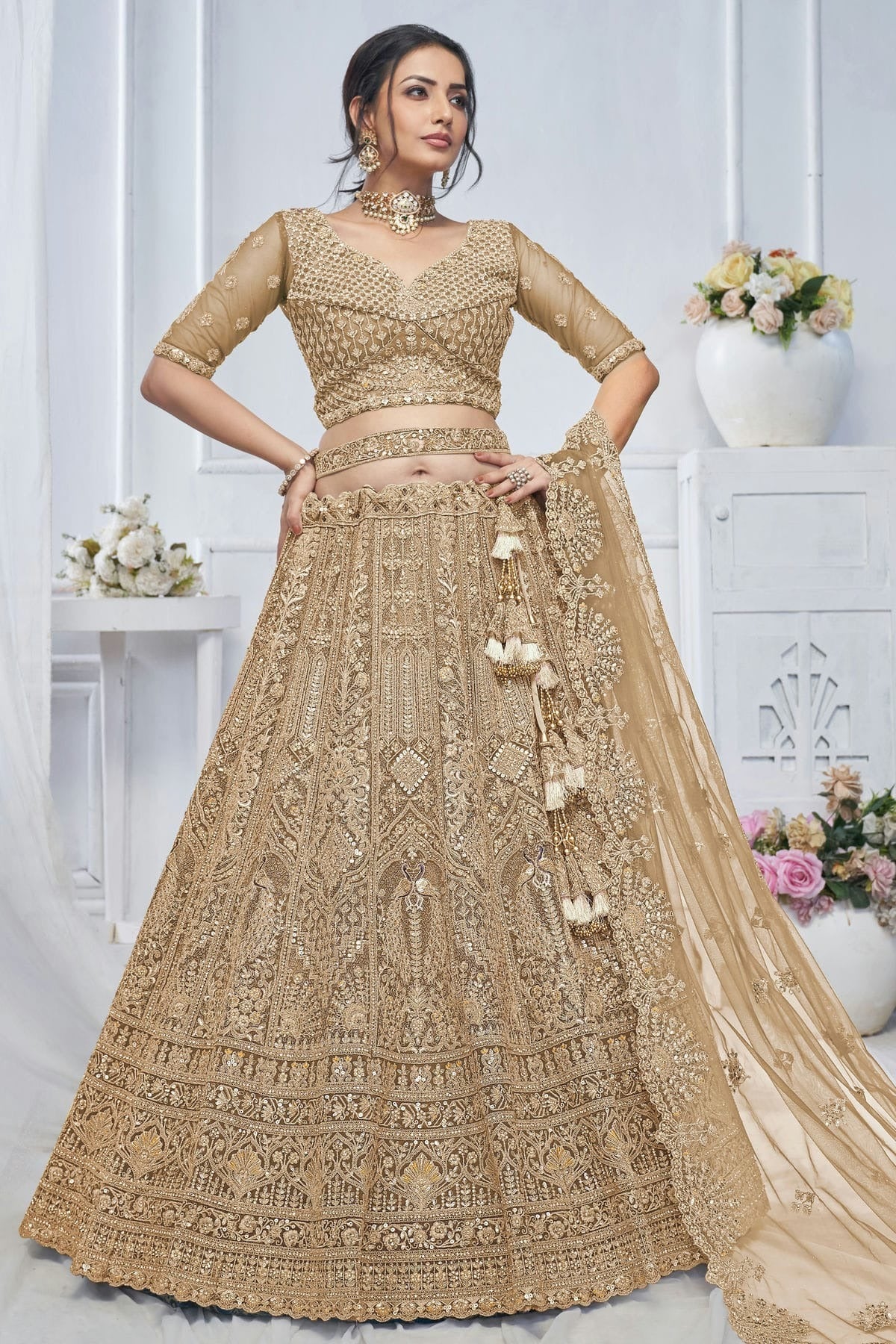Brown Soft Net Embroidery Lehenga Choli NCLC11112016