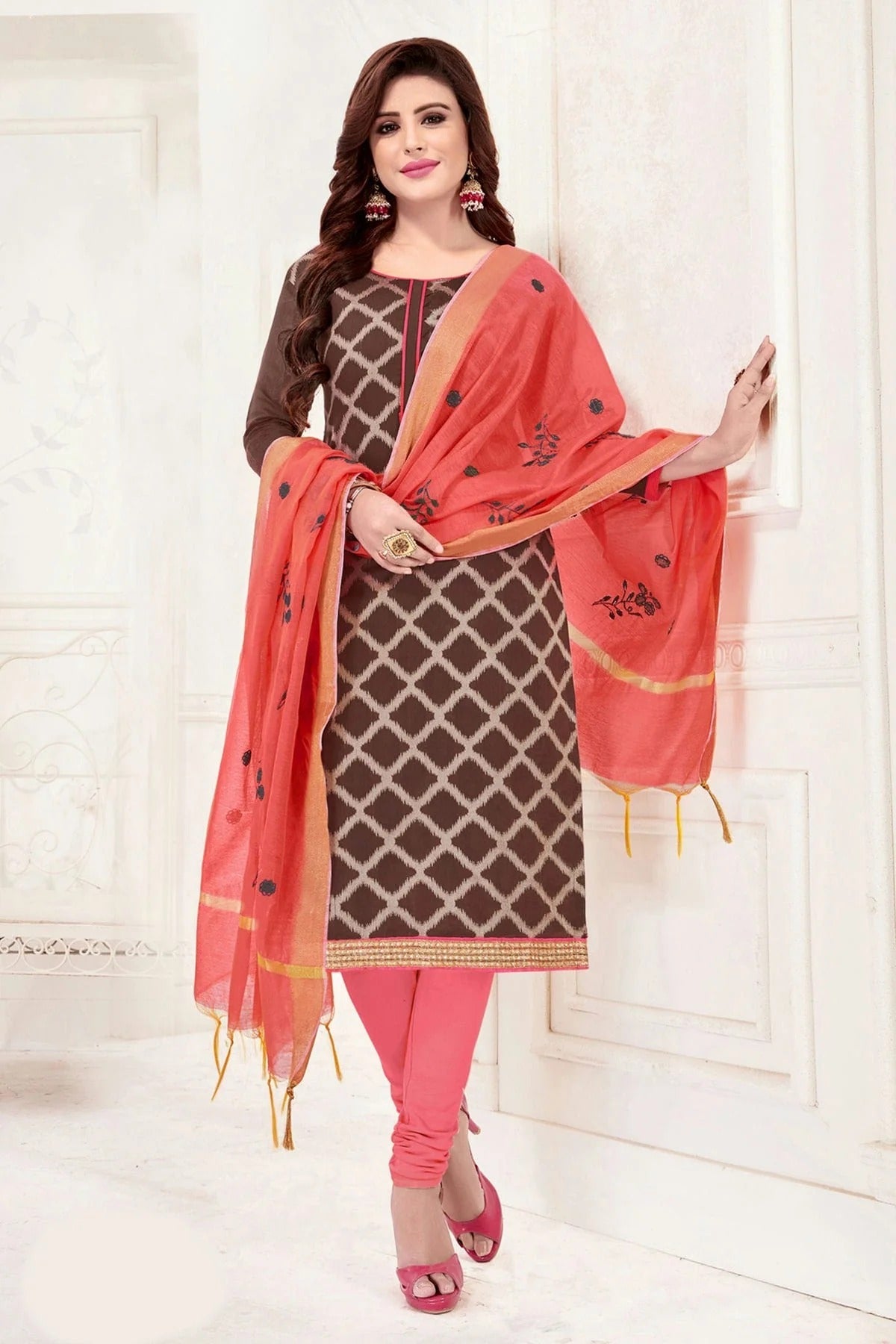 Brown Unstitched Banarasi Jacquard Churidar Suit NCUS11610284