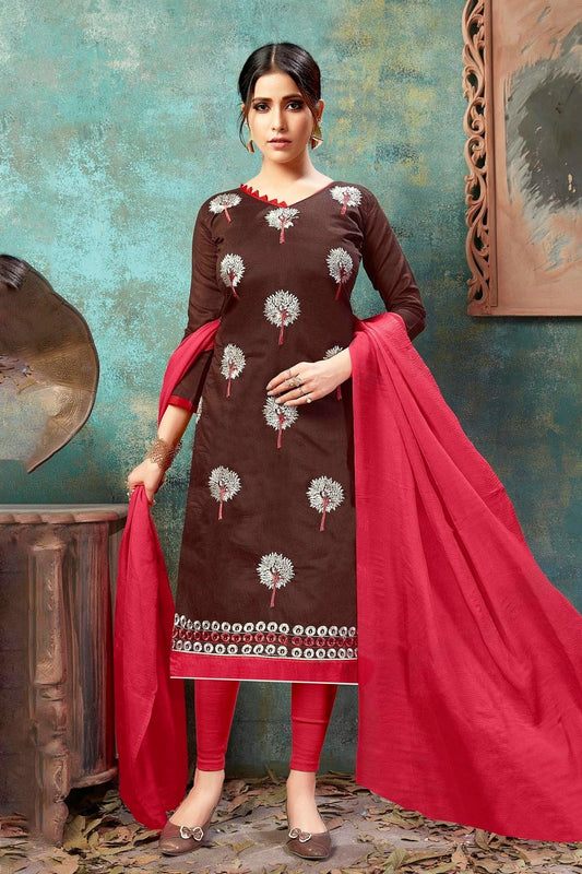 Brown Unstitched Chanderi Cotton Straight Suit NCUS11610208