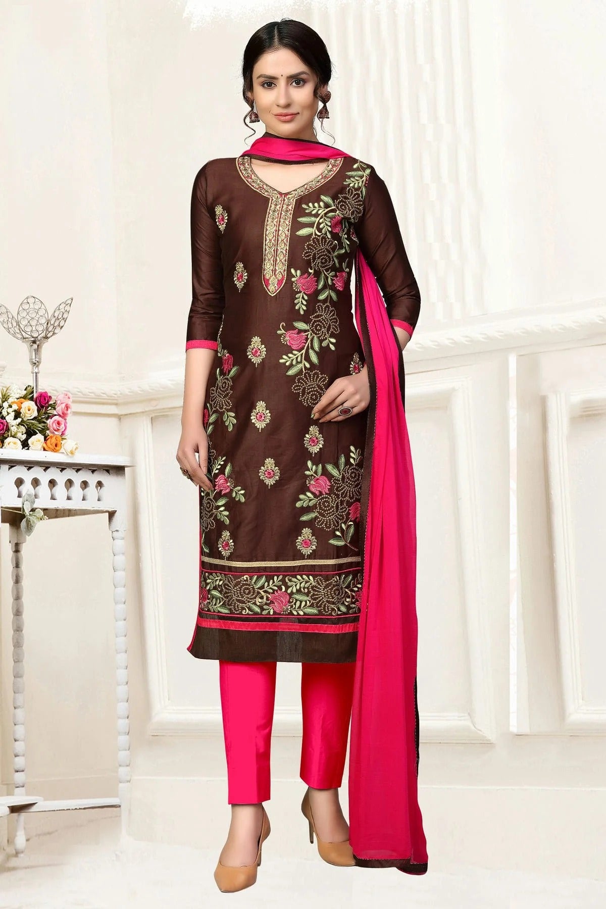 Brown Unstitched Glass Cotton Straight Suit NCUS11610387