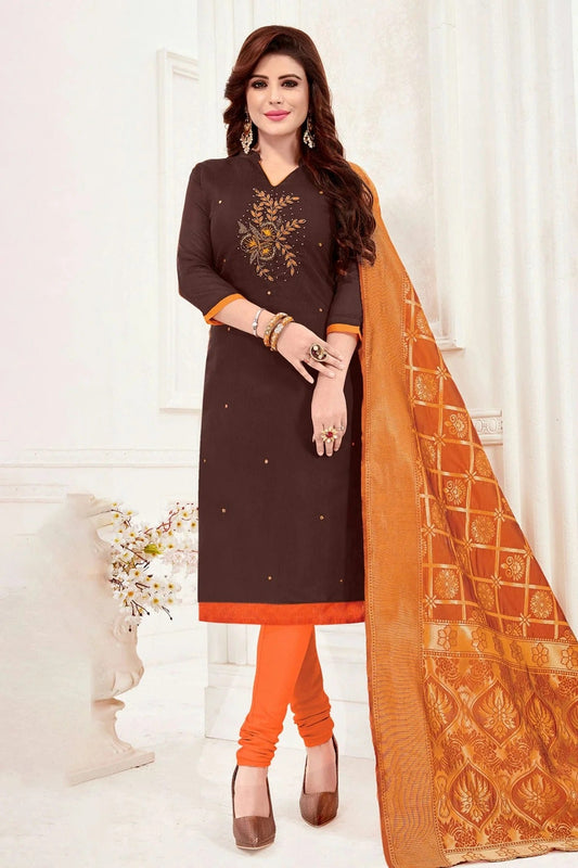 Brown Unstitched Slub Cotton Churidar Suit NCUS11610190