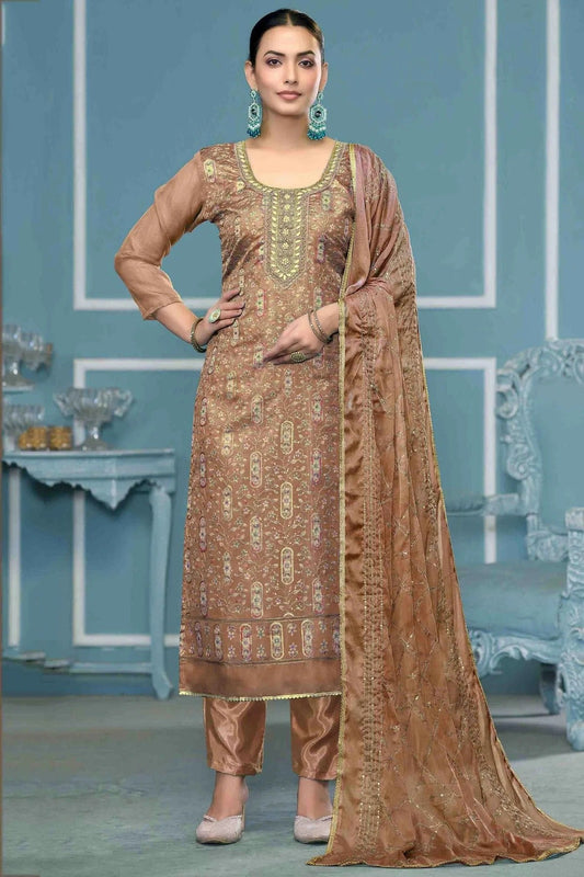 Brown Viscose Organza Pant Style Suit NCSM11110722
