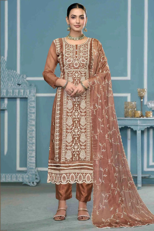Brown Viscose Organza Pant Style Suit NCSM11110758