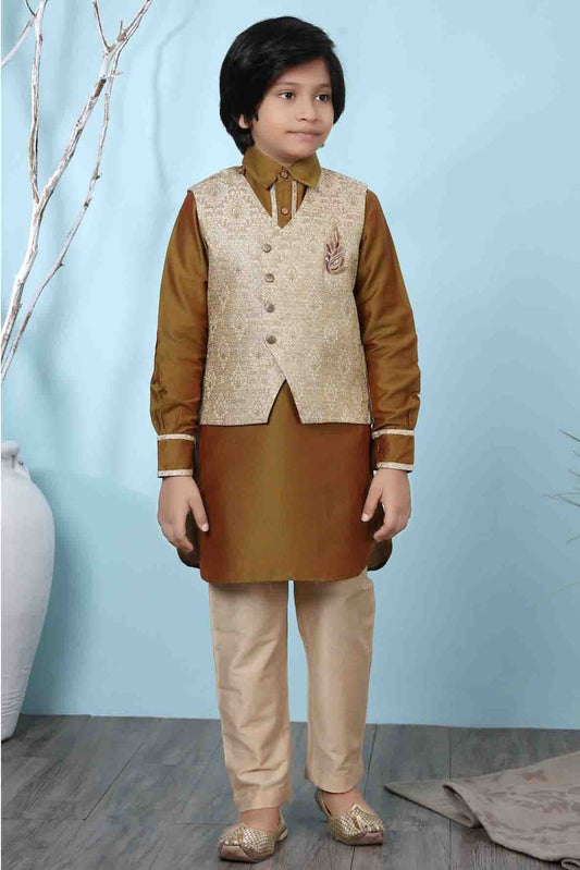 Brown and Beige Cotton Silk Kurta PajamaWith Jacket NCBW10710699