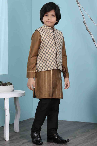Brown and Beige Cotton Silk Kurta PajamaWith Jacket  NCBW10710717
