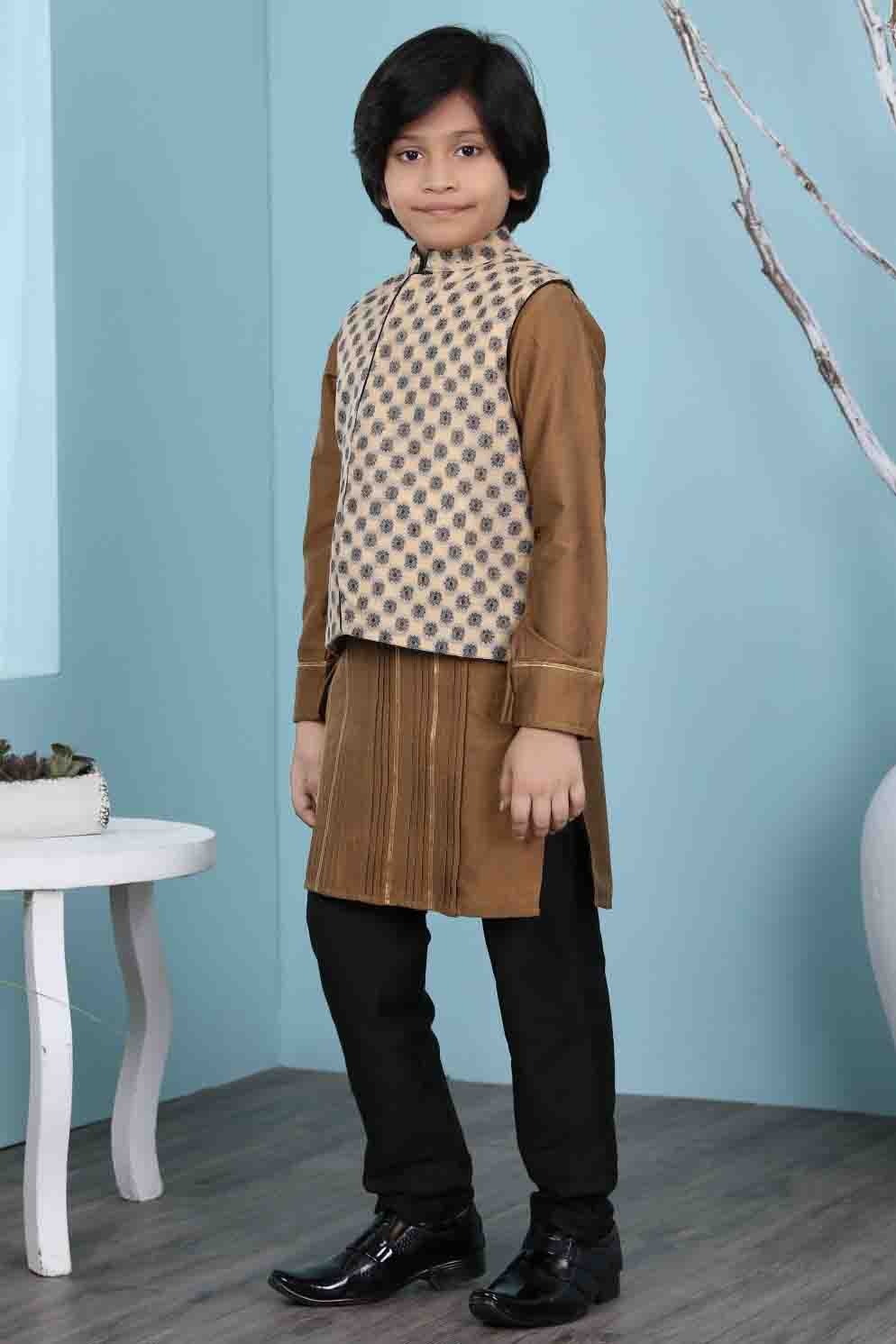 Brown and Beige Cotton Silk Kurta PajamaWith Jacket  NCBW10710717