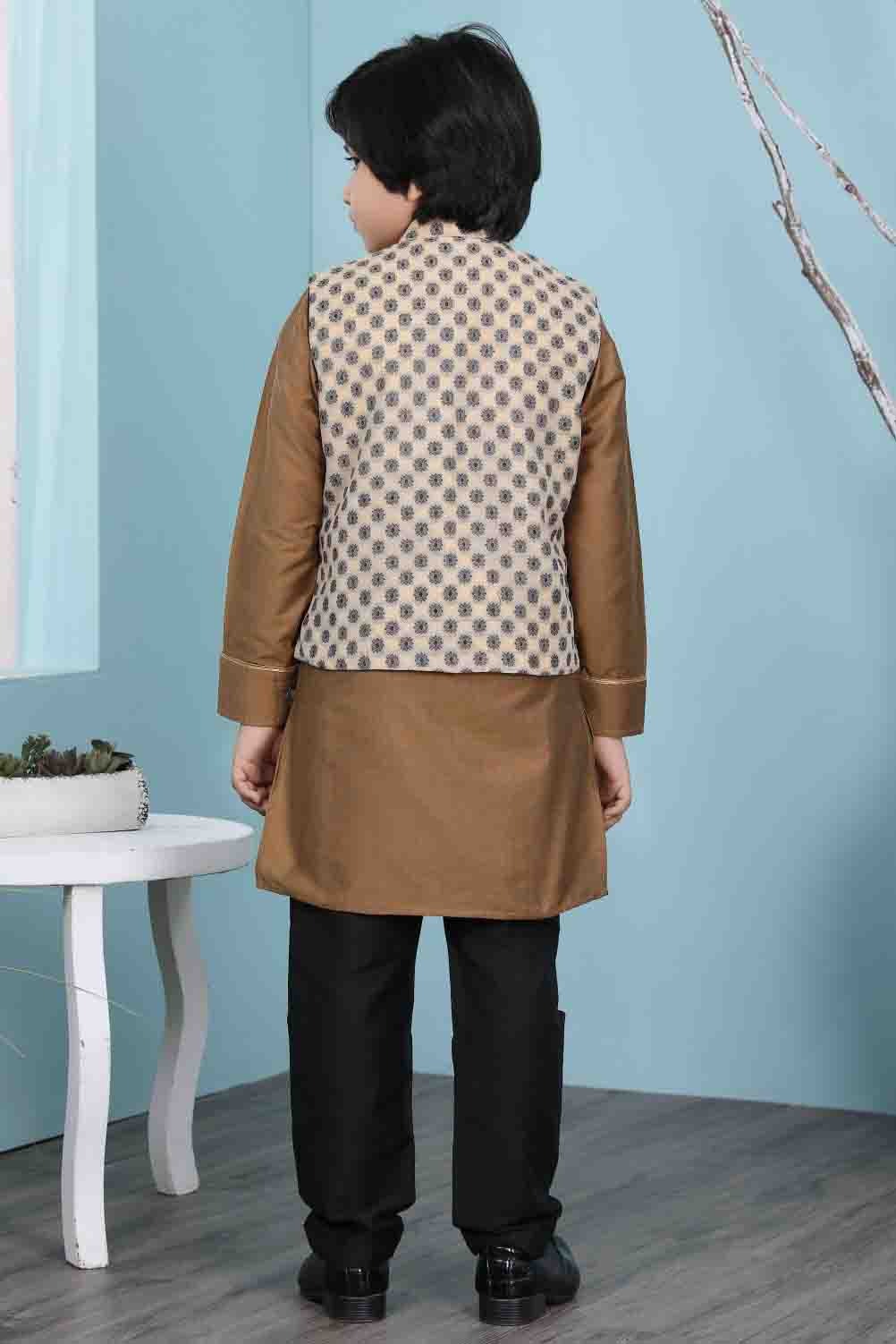 Brown and Beige Cotton Silk Kurta PajamaWith Jacket  NCBW10710717